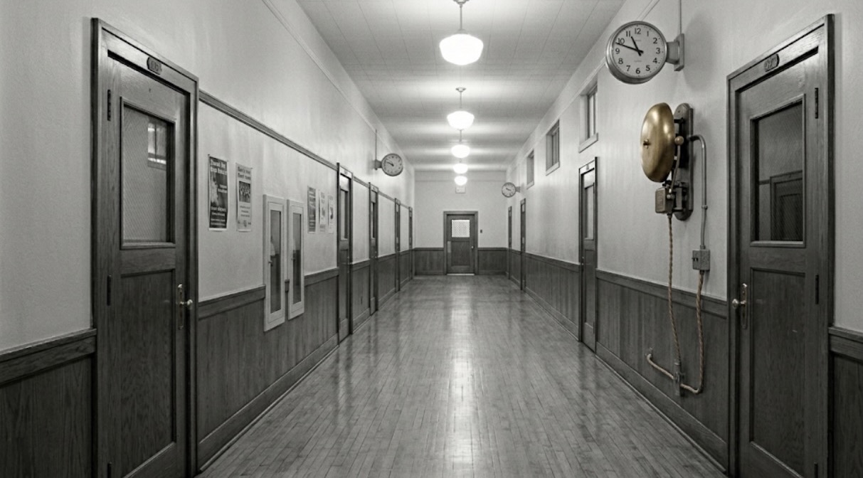 Vintage school hallway with wooden doors, pendant lights, and a brass school bell