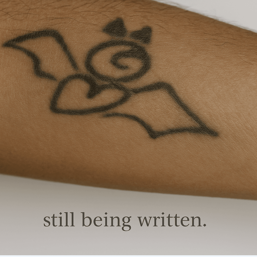 Tattoo on arm with text: still being written