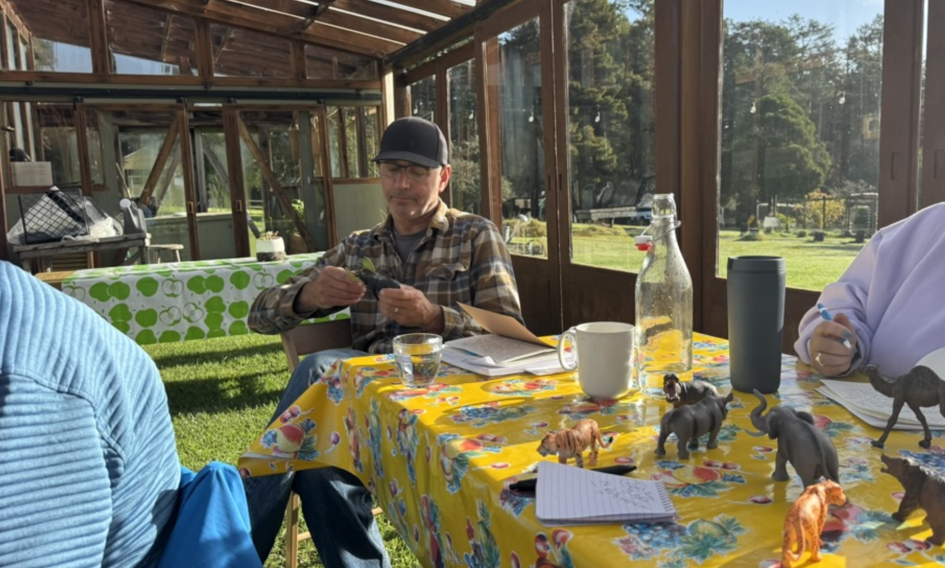People writing together around a sunlit table