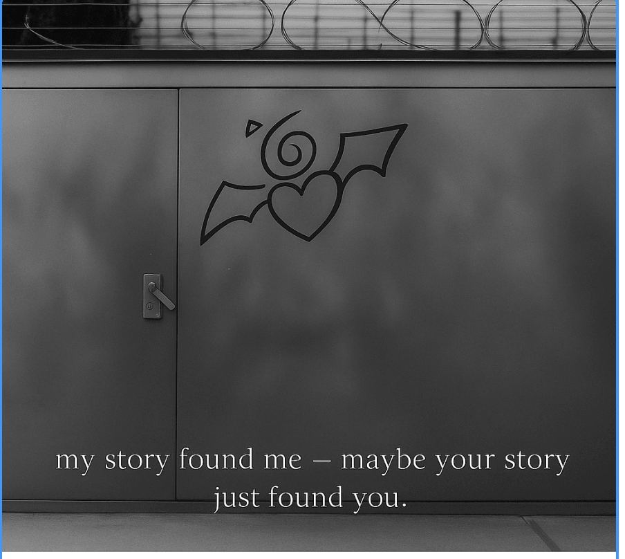 Door with symbol and text: my story found me — maybe your story just found you