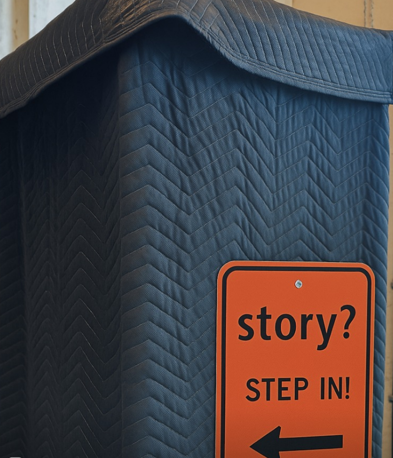 The Step-In! story booth — quilted blue booth with orange sign reading 'story? STEP IN!'